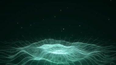 Gelecekçi çember dalgası. Karanlık siber uzay. Noktalı soyut müzik dalgası. Yeşil zemin üzerinde hareket eden beyaz parçacıklar. 3d oluşturma.