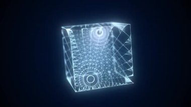 Bir küp şeklinde siber ağ bağlantı yapısı. Teknoloji büyük verileri birbirine bağlıyor. Bilim geçmişi. Soyut geometrik üç boyutlu nesneler. 3B görüntüleme.