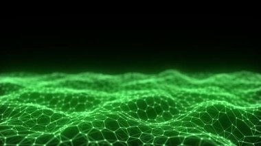 Geleceğin altıgen dalgası. Karanlık siber uzay. Noktalı ve çizgili soyut dalga. Siyah arkaplanda hareket eden yeşil parçacıklar. 3d oluşturma.