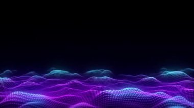 Gelecekçi teknoloji dalgası. Dijital siber uzay. Renk arkaplan üzerinde hareket eden parçacıkların olduğu soyut dalga. Büyük veri analizleri. 3d oluşturma.