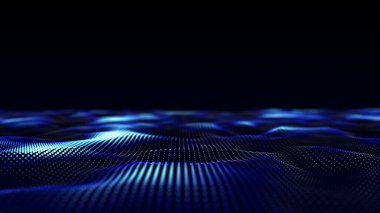 Gelecekçi teknoloji dalgası. Dijital siber uzay. Renk arkaplan üzerinde hareket eden parçacıkların olduğu soyut dalga. Büyük veri analizleri. 3d oluşturma.