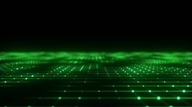 Teknoloji kablo çerçevesi. Perspektif şebekesi. Dijital uzay. Siyah arka planda yeşil ağ. 3d oluşturma.