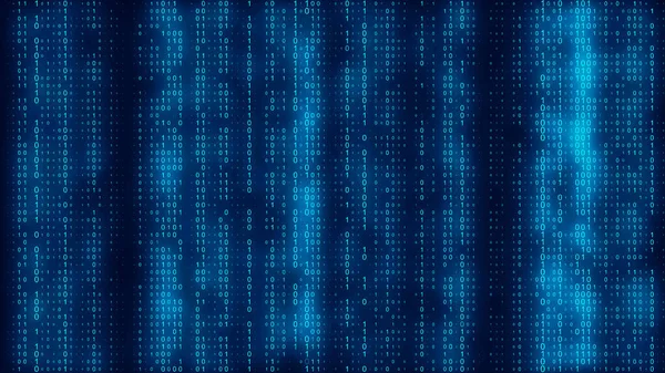 Teknoloji ikili kodu. Rastgele düşen mavi parmaklar ekranda. Hacklenmiş yazılım. Matris bilimi geçmişi. Büyük veri analizleri. 3B görüntüleme.