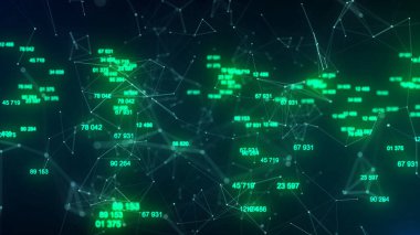 Teknoloji engelleme ağı bağlantısı. Gelecekçi teknoloji dalgası. Büyük veri görselleştirmesi. Siber güvenlik geçmişi. Büyük verileri taşıyan yeşil küp. 3B görüntüleme.
