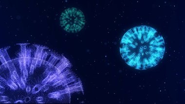 Noktalı soyut renk molekülleri. Salgın virüsünün tıbbi araştırması. Grip salgını. Salgın bilimi araştırması. Zatürree salgını, koronavirüs, HIV, veba, enfeksiyon. 3d oluşturma.