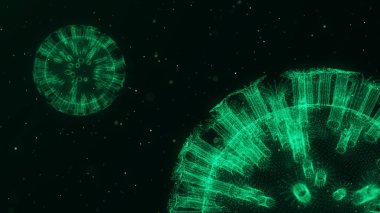 Noktalı soyut yeşil moleküller. Salgın virüsünün tıbbi araştırması. Grip salgını. Salgın bilimi araştırması. Zatürree salgını, koronavirüs, HIV, veba, enfeksiyon. 3d oluşturma.