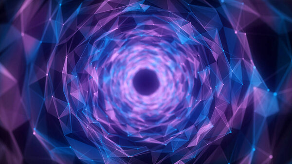 Abstract wireframe tunnel. Colors wormhole. 3D portal grid. Futuristic fantasy circle funnel. 3d rendering.
