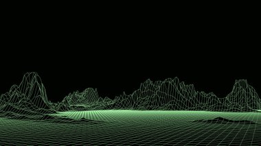 Vector dağı kablo çerçevesi. Teknoloji çokgen arazisi. Gelecekçi yeşil arkaplan.