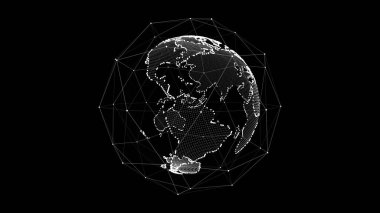 Parçacıkları ve çizgileri olan sanal gezegen Dünya. Ağ bağlantısı büyük veri. Vektör teknolojisi soyut siyah arkaplan.