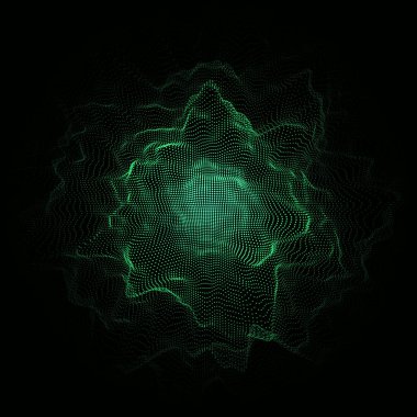 Üst görüşlü gelecekçi vektör dijital dalga. Karanlık siber uzay. Parçacık patlaması. Noktalı soyut dalga. Siyah arkaplan üzerinde yeşil hareketli parçacıklar.