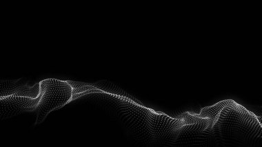 Gelecekçi teknoloji dalgası. Dijital siber uzay. Siyah zemin üzerinde hareket eden parçacıkların olduğu soyut dalga. Büyük veri analizleri. 3d oluşturma.