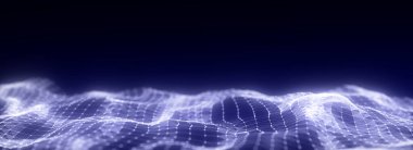 Parçacıkların ve çizgilerin soyut teknoloji dalgası. Büyük veri görselleştirmesi. Hareket noktaları ve çizgileri olan karanlık bir arkaplan. Yapay zeka. 3d oluşturma.