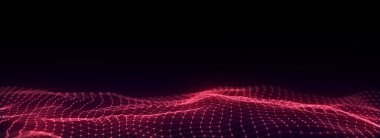 Parçacıkların ve çizgilerin soyut teknoloji dalgası. Büyük veri görselleştirmesi. Hareket noktaları ve çizgileri olan karanlık bir arkaplan. Yapay zeka. 3d oluşturma.