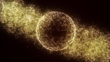 Parçacıklardan ve çizgilerden oluşan gelecekçi turuncu küre. Ağ bağlantısı büyük veri. Soyut teknoloji geçmişi. 3d oluşturma.