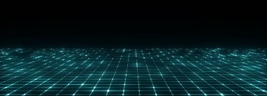 Teknoloji kablo çerçevesi. Perspektif şebekesi. Dijital uzay. Siyah arka planda mavi ağ. 3d oluşturma.