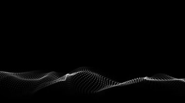 Gelecekçi teknoloji dalgası. Dijital siber uzay. Siyah zemin üzerinde hareket eden parçacıkların olduğu soyut dalga. Büyük veri analizleri. 3d oluşturma.