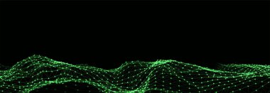 Parçacıkların soyut teknoloji dalgası. Büyük veri görselleştirmesi. Hareket noktaları ve çizgileri olan vektör koyu arkaplan. Yapay zeka.