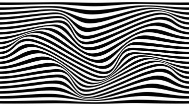 Optik illüzyon dalgası. Siyah ve beyaz çizgileri olan soyut vektör arkaplanı. Desen bozulmuş dokular.