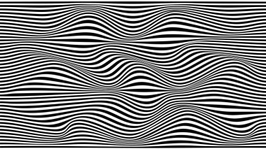 Optik illüzyon dalgası. Siyah ve beyaz çizgileri olan soyut vektör arkaplanı. Desen bozulmuş dokular.