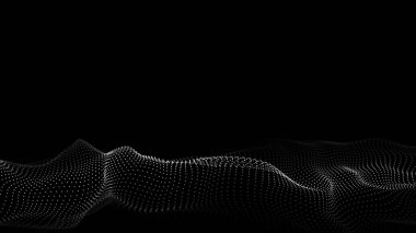 Gelecekçi teknoloji dalgası. Dijital siber uzay. Siyah zemin üzerinde hareket eden parçacıkların olduğu soyut dalga. Büyük veri analizleri. 3d oluşturma.