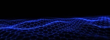 Geleceğin altıgen dalgası. Karanlık siber uzay. Noktalı ve çizgili soyut dalga. Siyah zemin üzerinde hareket eden mavi parçacıklar. 3d oluşturma.