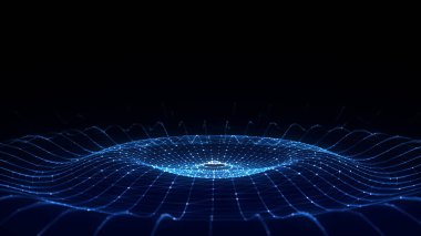 Gelecekçi çember dalgası. Karanlık siber uzay. Noktalı soyut müzik dalgası. Siyah zemin üzerinde hareket eden mavi parçacıklar. 3d oluşturma.