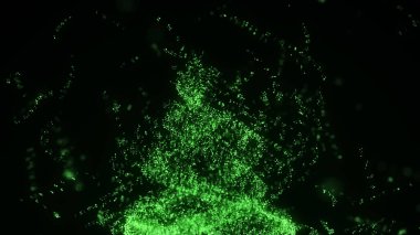 Soyut girdap parçacıkları arka planı. Dinamik yeşil dalga patlamada hareket ediyor. Solucan deliği parıldayan yıldız tozu. 3d oluşturma.