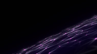 Parçacıkların soyut teknoloji dalgası. Büyük veri görselleştirmesi. Hareket noktaları ve çizgileri olan karanlık bir arkaplan. Perspektif mor ızgara. Dijital uzay. Yapay zeka. 3d oluşturma.