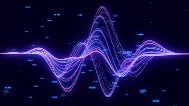 Soyut dinamik müzik dalgası. Teknoloji geçmişi. Noktalı ses eşitleyicisi. Hisse senedi, döviz veya kripto para birimi şeması. 3d oluşturma.