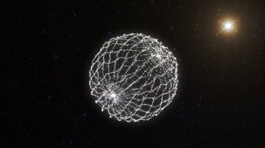 Parçacıkların ve çizgilerin gelecekteki siyah küresi. Ağ bağlantısı büyük veri. Soyut teknoloji geçmişi. 3d oluşturma.