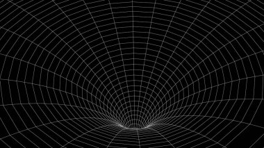 Soyut kablo şeması tüneli. Işık bilimi solucan deliği. Vektör 3 boyutlu portal ızgarası. Gelecekçi fantezi hunisi.