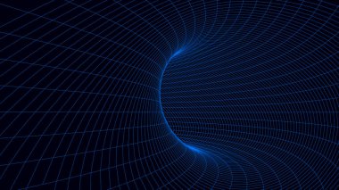 Soyut kablo şeması tüneli. Işık bilimi solucan deliği. Vektör 3 boyutlu portal ızgarası. Gelecekçi fantezi hunisi.