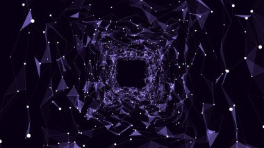 Soyut kablo kare tünel. Mavi vektör solucan deliği. Üç boyutlu portal ızgarası. Gelecekçi fantezi hunisi.