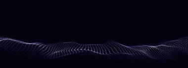 Parçacıkların soyut teknoloji dalgası. Büyük veri görselleştirmesi. Hareket noktaları ve çizgileri olan vektör koyu arkaplan. Yapay zeka.