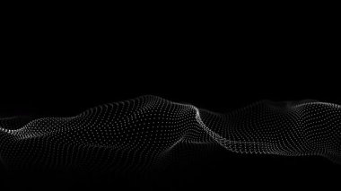 Gelecekçi teknoloji dalgası. Dijital siber uzay. Siyah zemin üzerinde hareket eden parçacıkların olduğu soyut dalga. Büyük veri analizleri. 3d oluşturma.