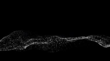 Gelecekçi teknoloji dalgası. Dijital siber uzay. Siyah zemin üzerinde hareket eden parçacıkların olduğu soyut dalga. Büyük veri analizleri. 3d oluşturma.