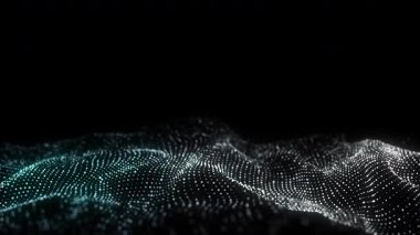 Gelecekçi teknoloji dalgası. Dijital siber uzay. Renk arkaplan üzerinde hareket eden parçacıkların olduğu soyut dalga. Büyük veri analizleri. 3d oluşturma.