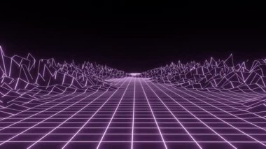 Retro fantastic background of the 80s. Mountain wireframe landscape with night sky. Futuristic purple neon scenery. 3d rendering.