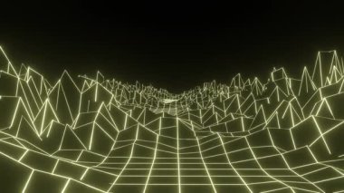 Retro fantastic background of the 80s. Mountain wireframe landscape with night sky. Futuristic green neon scenery. 3d rendering.