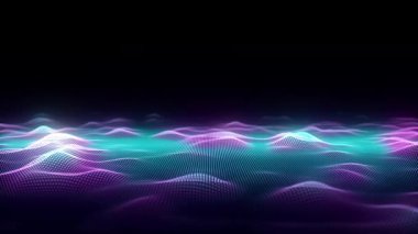 Gelecekçi teknoloji dalgası. Dijital siber uzay. Renk arkaplan üzerinde hareket eden parçacıkların olduğu soyut dalga. Büyük veri analizleri. 3d oluşturma.