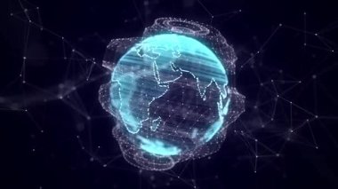 Parçacıkları ve çizgileri olan sanal gezegen Dünya. Ağ bağlantısı büyük veri. Soyut teknoloji mavi arka plan. 3B görüntüleme.