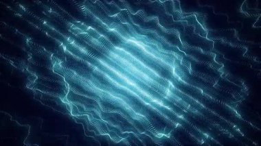 Üst görüşlü fütürist dijital dalga. Karanlık siber uzay. Parçacık patlaması. Noktalı soyut dalga. Siyah zemin üzerinde hareket eden mavi parçacıklar. 3d oluşturma.