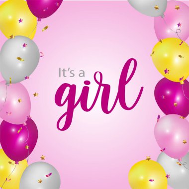 Bu bir kız. Fotokopi alanı olan balon arka planı. Bir demet pembe, beyaz, sarı balon ve konfeti. Vektör tasarımı.