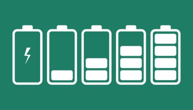 Batarya şarj göstergesi simgeleri. Telefon şarj seviyesi. Vektör İllüstrasyonu.