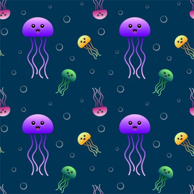 Denizanası kusursuz desen. Renkli çizgi film yaratıkları ve kabarcıklar. Vektör tasarımı.