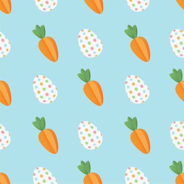 Havuçlu ve yumurtalı paskalya deseni. Mavi arka plan. Vektör tasarımı.