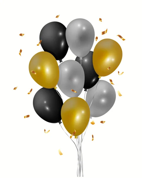 Yılan ya da konfetiyle altın, gümüş ve siyah balonlar. Vektör tasarımı.