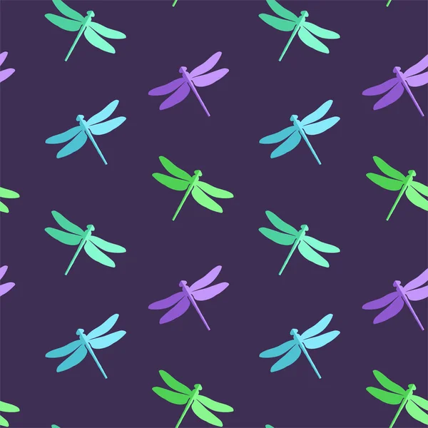 Dragonfly Seamless Pattern Green Blue Purple Cyan Insects Purple Background — Stock Vector