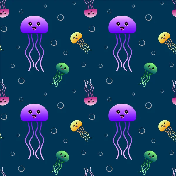 Denizanası kusursuz desen. Renkli çizgi film yaratıkları ve kabarcıklar. Vektör tasarımı.