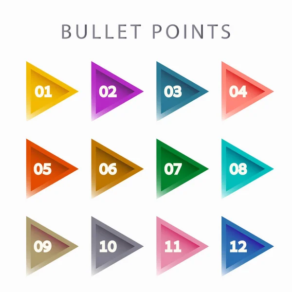 stock vector Colorful bullet points arrows, numbers from 1 to 12. Infographics. Vector design.